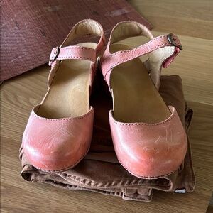 Dansko Pink and Brown Mules with Suede Finish
